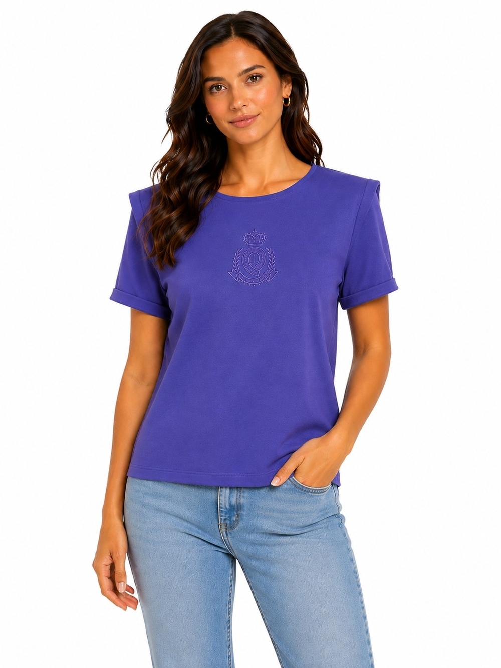 Notations Petite Purple Short Sleeve Tee with Embroidered Crest